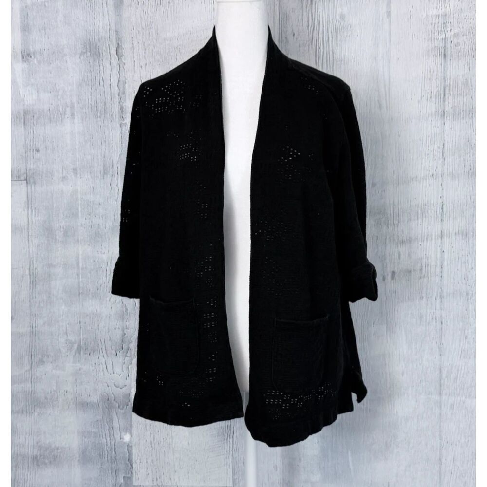 T by Talbots Open Front Cardigan Black Eyelet Women's M Petite Roll Tab Sleeve